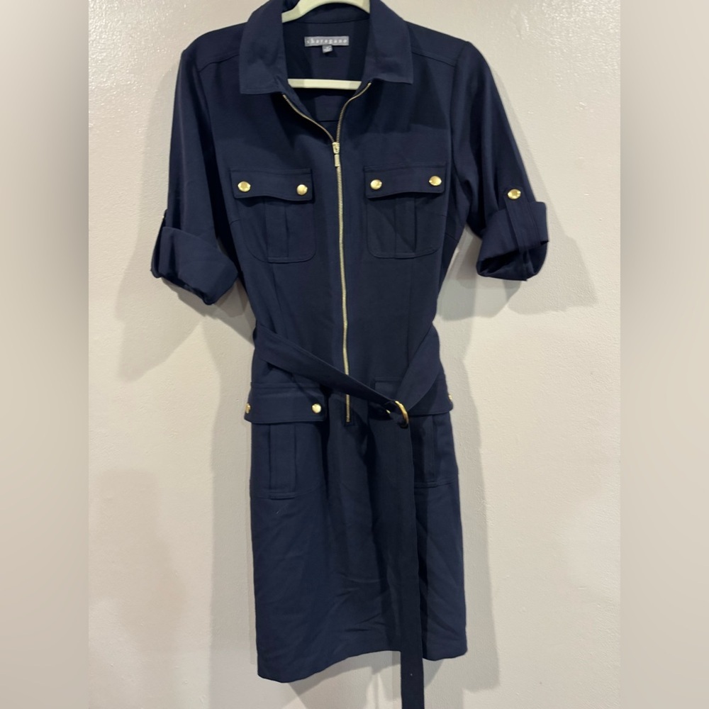 EUC Sharagano Navy Blue Dress with Gold Accents
